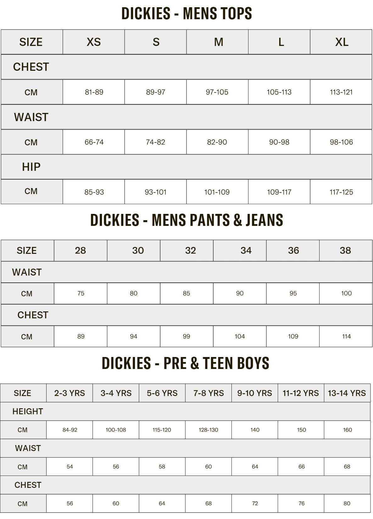 Dickies Big And Size Chart